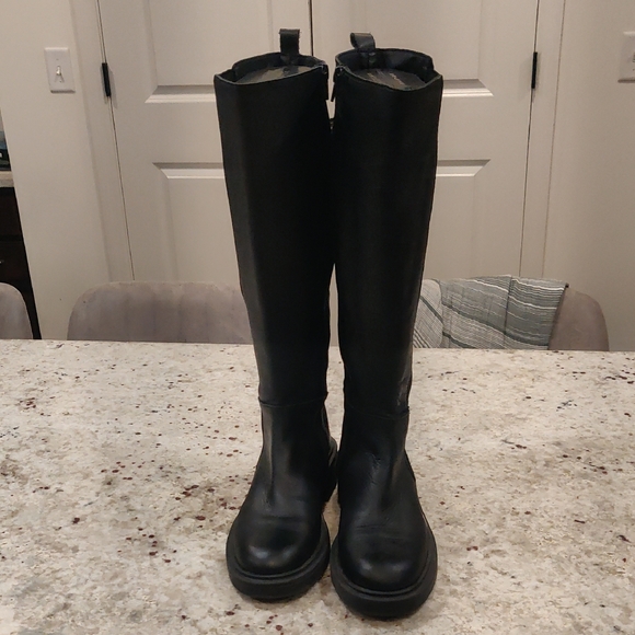 Shoes - Black Leather Knee-High Boots Retro Y2K Cottagecore Winter Outdoors Block Heel